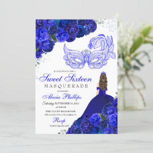 Royal Blue Floral Masquerade Sweet 16 Invitation