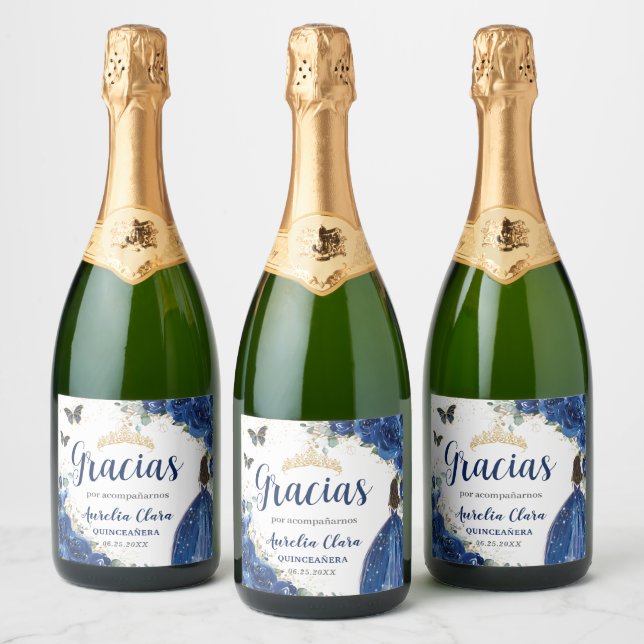 Royal Blue Floral Princess Dress Gold Quinceañera  Sparkling Wine Label (Bottles)