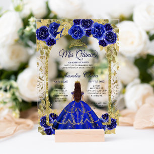 Royal Blue Floral Princess Gold Arch Quinceanera Acrylic Invitations