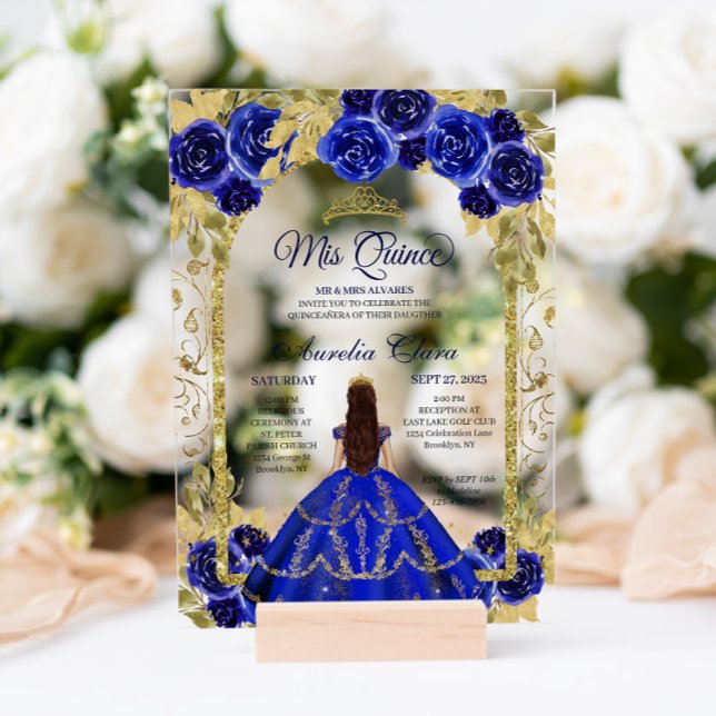 Royal Blue Floral Princess Gold Arch Quinceanera Acrylic Invitations (Creator Uploaded)