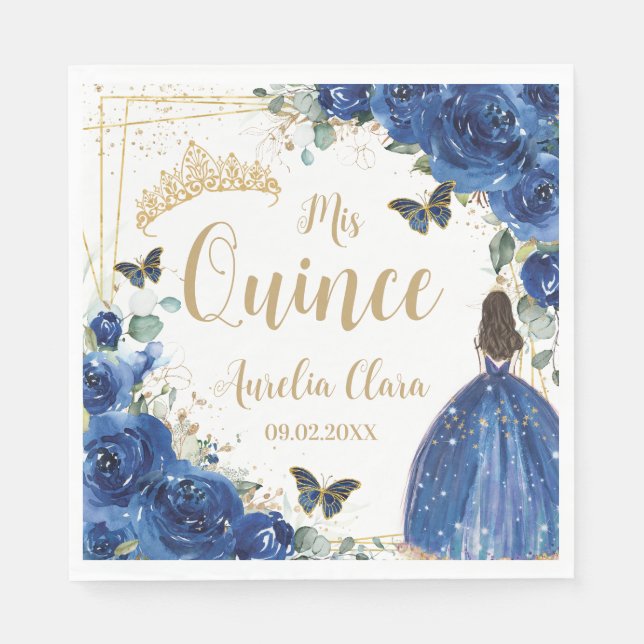 Royal Blue Floral Princess Gold Quinceañera 16 15 Napkin (Front)