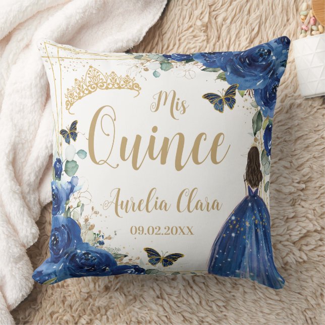 Royal Blue Floral Princess Gold Quinceañera  Cushion (Blanket)