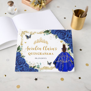 Royal Blue Floral Princess Gold Quinceanera Mis 15 Guest Book