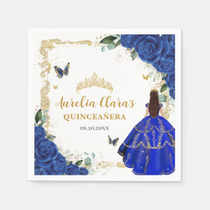Royal Blue Floral Princess Gold Quinceanera Mis 15 Napkin