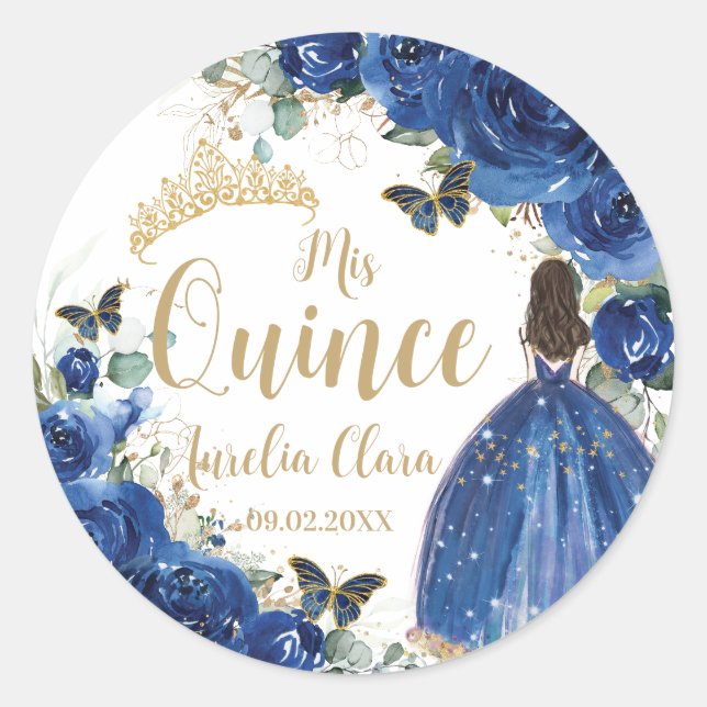 Royal Blue Floral Princess Gold Quinceañera Quince Classic Round Sticker (Front)
