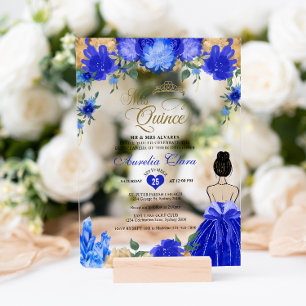 Royal Blue Floral Princess Mis Quince Quinceañera Acrylic Invitations