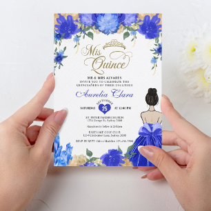 Royal Blue Floral Princess Mis Quince Quinceañera Invitation