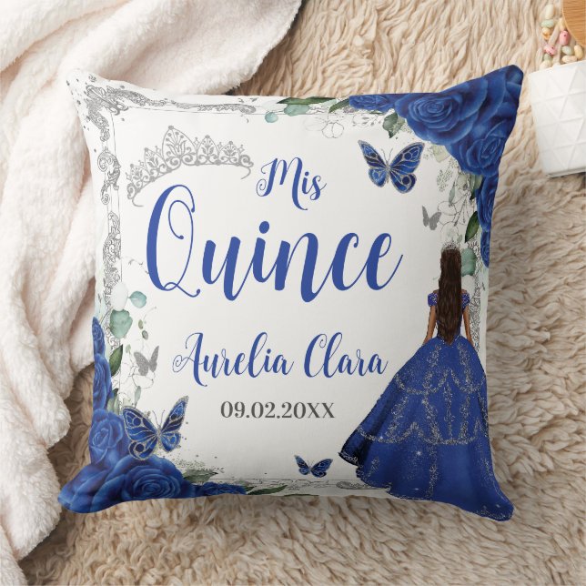 Royal Blue Floral Princess Silver 15 Quinceañera Cushion (Blanket)