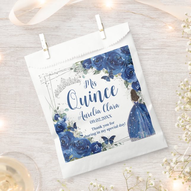 Royal Blue Floral Princess Silver Quinceañera  Favour Bags (Clipped)