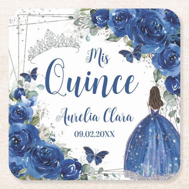 Royal Blue Floral Princess Silver Quinceañera Square Paper Coaster (Front)