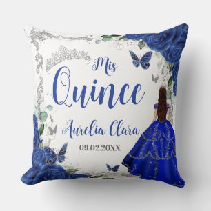 Royal Blue Floral Princess Silver XV Quinceañera Cushion