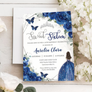 Royal Blue Floral Princess Sweet 16 Birthday Invitation