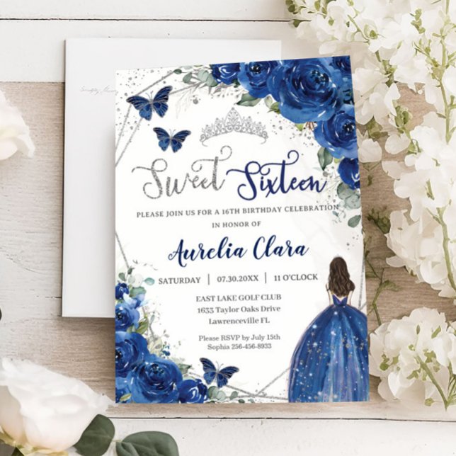 Royal Blue Floral Princess Sweet 16 Birthday Invitation (Creator Uploaded)
