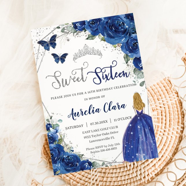 Royal Blue Floral Princess Sweet 16 Birthday Invitation (Creator Uploaded)