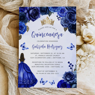 Royal Blue Floral Princess Watercolor Quinceañera Invitation