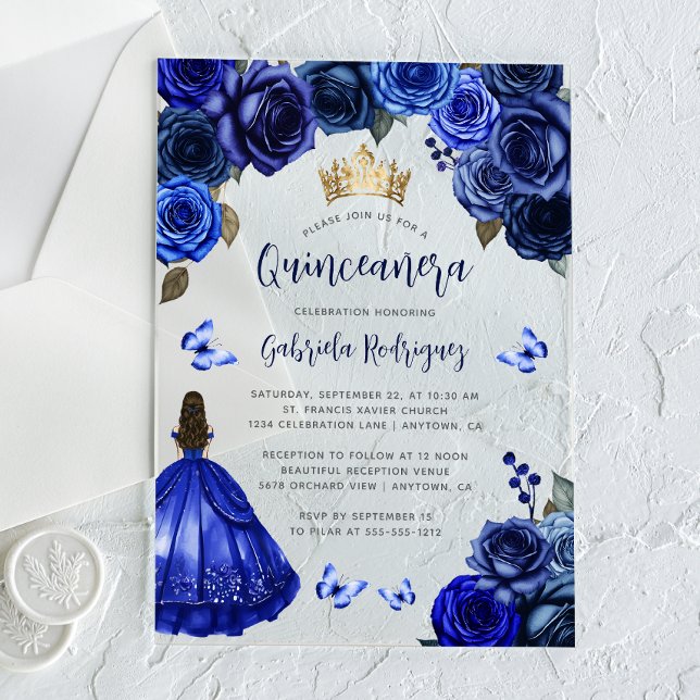 Royal Blue Floral Quinceañera Acrylic Invitations (Creator Uploaded)