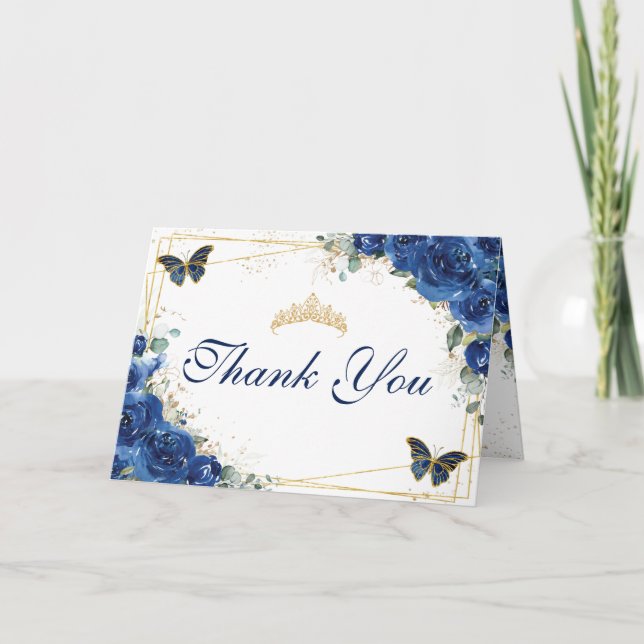 Royal Blue Floral Quinceañera Birthday Butterflies Thank You Card (Front)