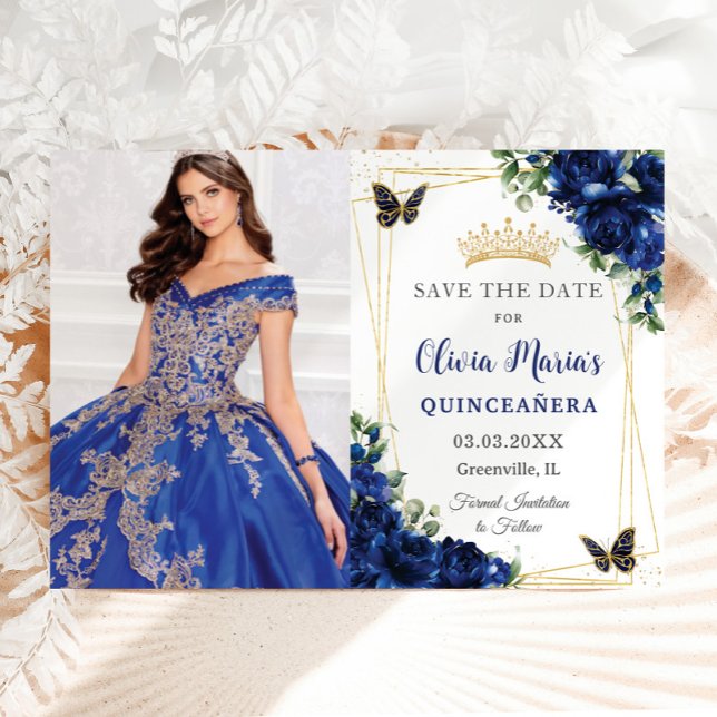 Royal Blue Floral Quinceañera Butterflies Picture Save The Date (Creator Uploaded)