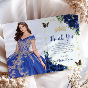 Royal Blue Floral Quinceañera Butterflies Picture Thank You Card
