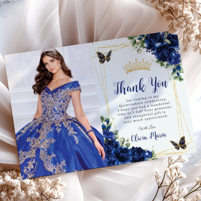 Royal Blue Floral Quinceañera Butterflies Picture Thank You Card (Creator Uploaded)
