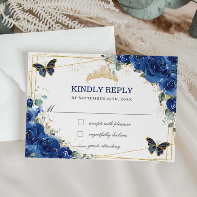 Royal Blue Floral Quinceañera Butterflies Reply  RSVP Card (Creator Uploaded)