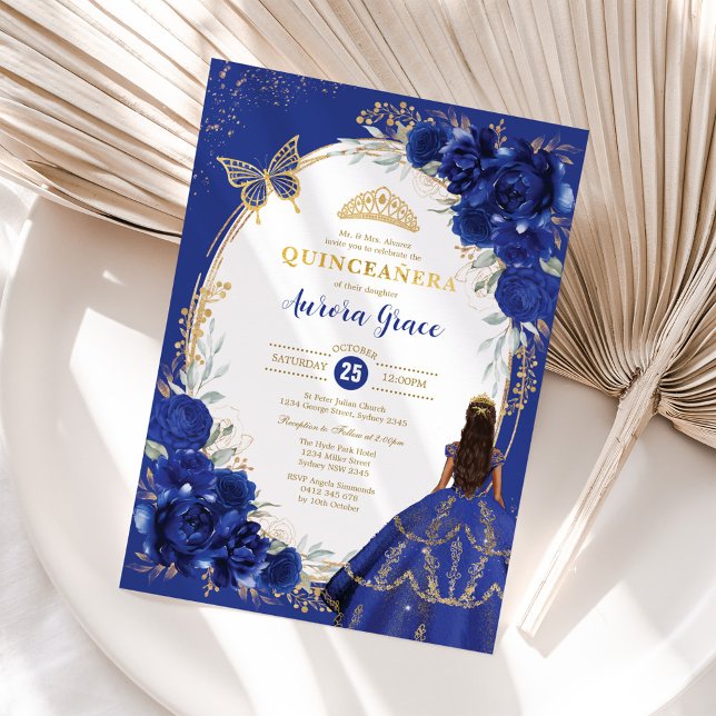 Royal Blue Floral Quinceañera Butterfly Mis Quince Invitation (Creator Uploaded)