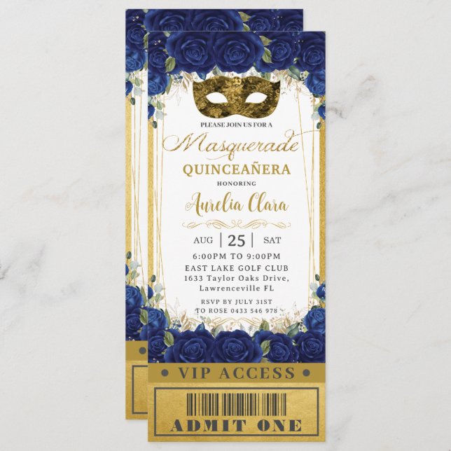 Royal Blue Floral Quinceañera Masquerade Ticket Invitation (Front/Back)