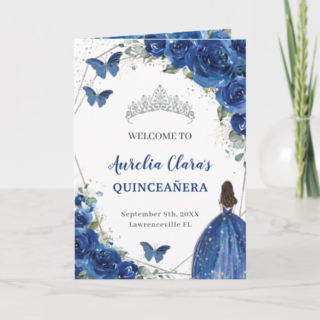 Royal Blue Floral Quinceañera Order of Events Prog Programme (Front)