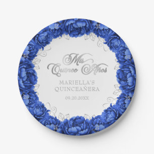 Royal Blue Floral Quinceanera Paper Plate
