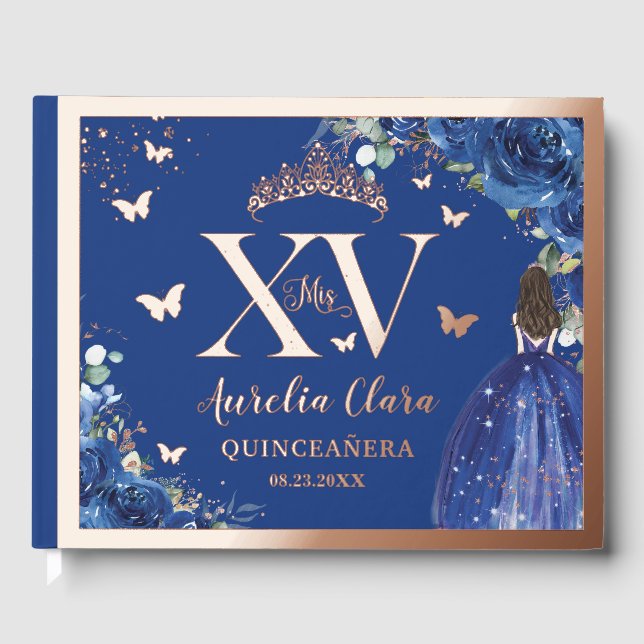 Royal Blue Floral Quinceañera Quince 15 Rose Gold  Guest Book (Front)