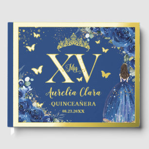 Royal Blue Floral Quinceañera Quince 15 XV Gold Guest Book