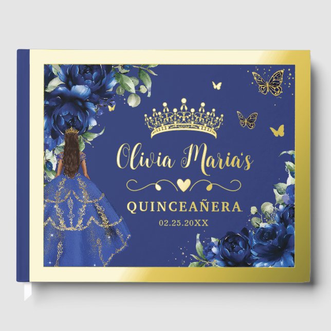 Royal Blue Floral Quinceanera Sweet 16 Princess Guest Book (Front)