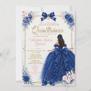 Royal Blue Floral Quinceañera with Princess Dress  Invitation