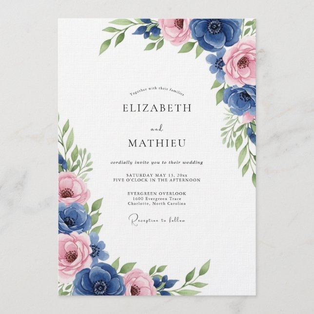 Royal Blue Floral Romance Wedding Invitation (Front)