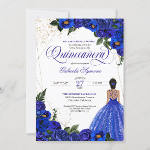 Royal Blue Floral Rose & Gold Elegant Quinceañera Invitation