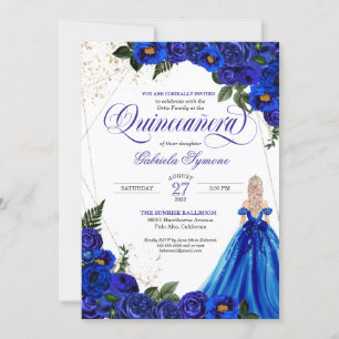 Royal Blue Floral Rose & Gold Elegant Quinceañera  Invitation