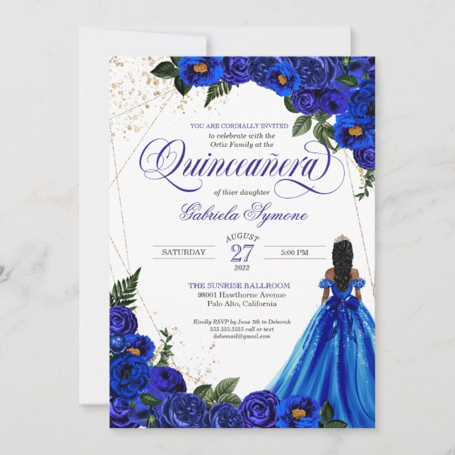 Royal Blue Floral Rose & Gold Elegant Quinceañera Invitation (Front)