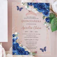 Royal Blue Floral Rose Gold Quinceañera Birthday