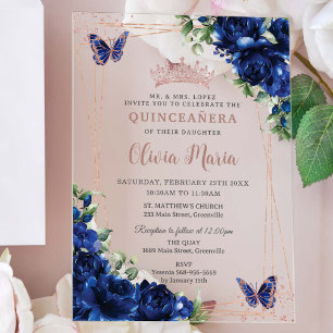 Royal Blue Floral Rose Gold Quinceañera Butterfly Acrylic Invitations