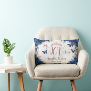 Royal Blue Floral Rose Gold Quinceañera Kneeling Lumbar Cushion
