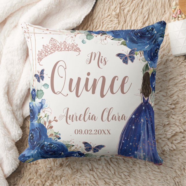 Royal Blue Floral Rose Gold Quinceanera Princess Cushion (Blanket)