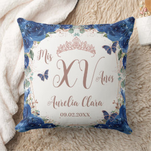 Royal Blue Floral Rose Gold Quinceañera XV Años Cushion