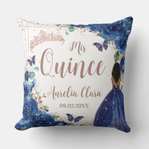 Royal Blue Floral Rose Gold Quinceanera XV Cushion