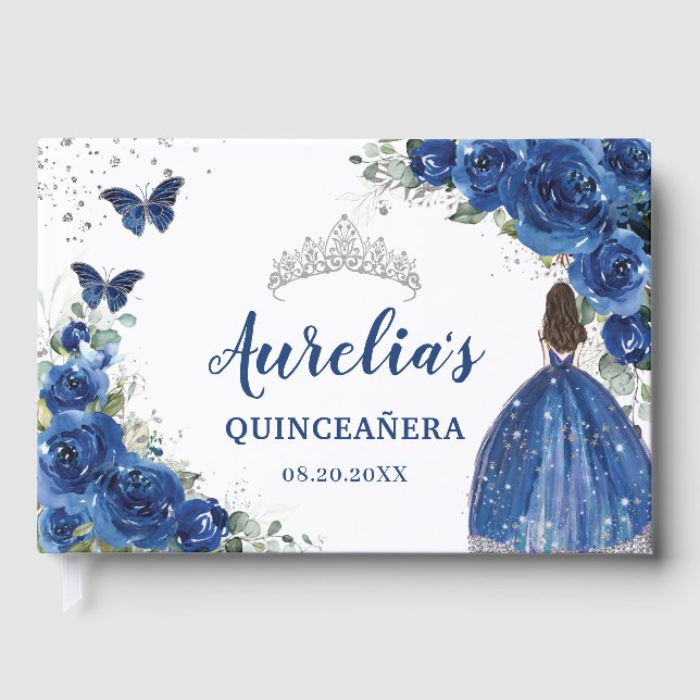 Royal Blue Floral Rose Princess Silver Quinceañera Guest Book (Front)