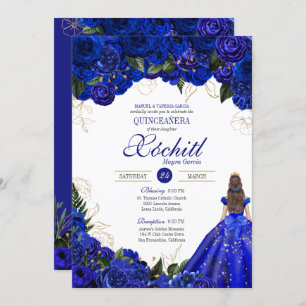 Royal Blue Floral Roses Elegant Quinceañera Invitation