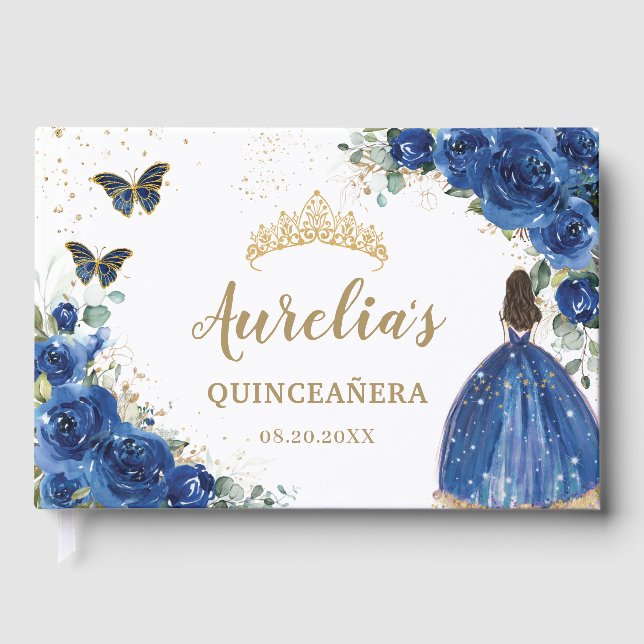 Royal Blue Floral Roses Princess Gold Quinceañera Guest Book (Front)
