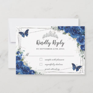 Royal Blue Floral Roses Quinceañera Butterflies RSVP Card