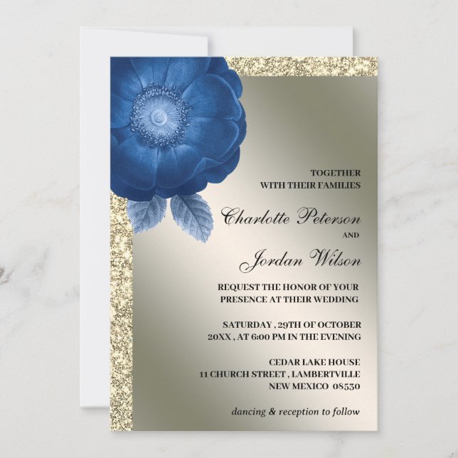 Royal Blue Floral & Silver Glitter Wedding  Invitation (Front)
