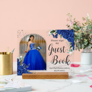 Royal Blue Floral Silver Quinceanera 16 Guest Book Acrylic Sign