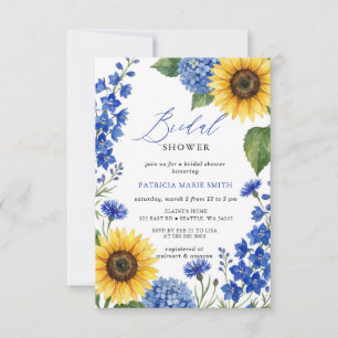 Royal Blue Floral Sunflowers Modern Bridal Shower Invitation